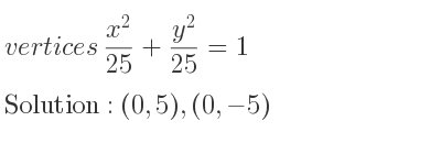 The vertices (x^2)/(25)+(y^2)/(25)=1 is (0,5),(0,-5)